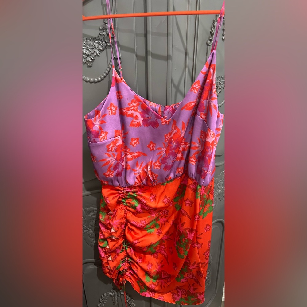 Floral Print Mini Dress in Pink and Orange